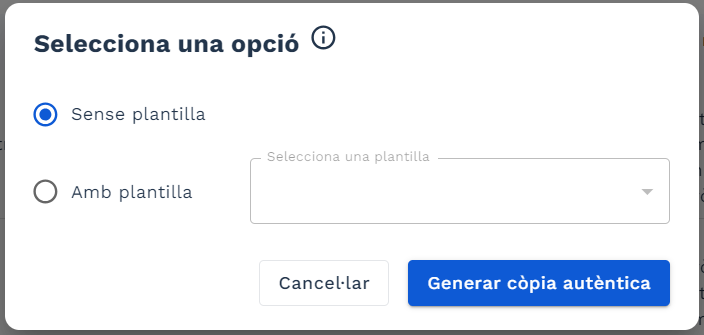 pop-up para elegir si generar la copia con plantilla o no